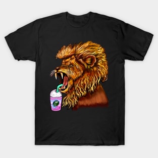 Thirsty Lion - cute funny roaring lion having an iced coffee drink. The conquering lion T-Shirt